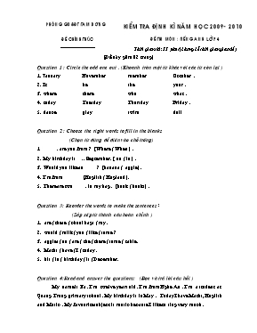 Đề kiểm tra định kỳ môn Tiếng Anh Khối 4 - Năm học 2009-2010 - Phòng GD & ĐT Tam Dương